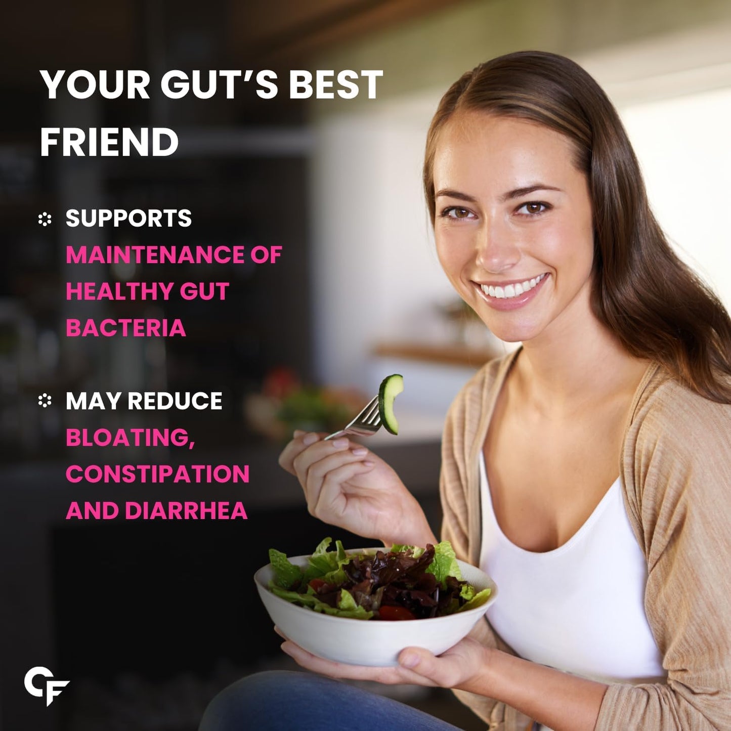 Woman holding a bowl of salad with text about gut health benefits.