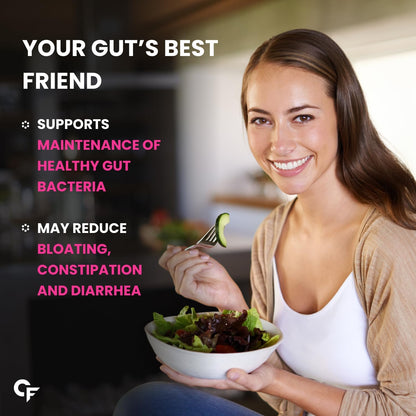 Woman holding a bowl of salad with text about gut health benefits.