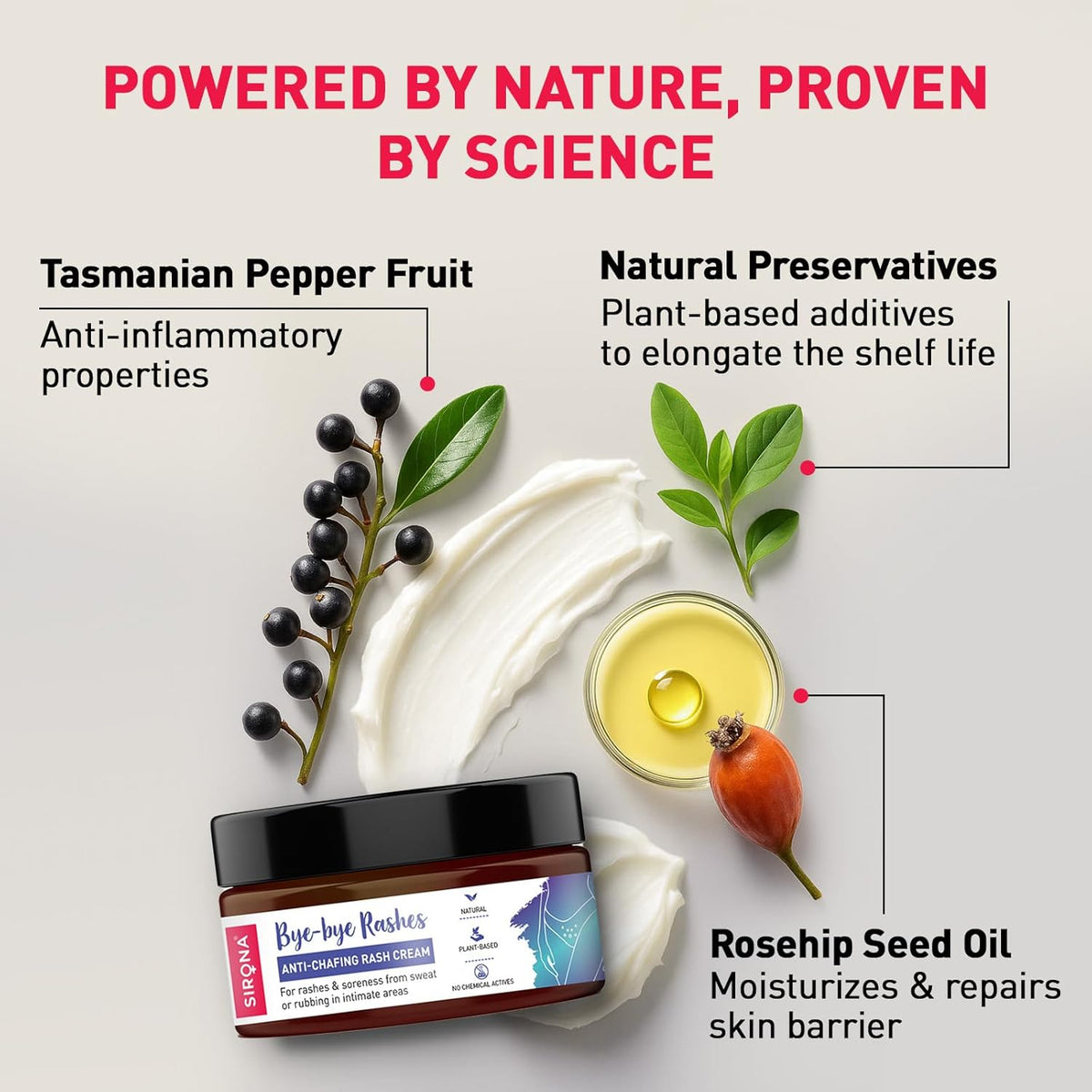 Cosmetic product with ingredients labeled on a light gray background