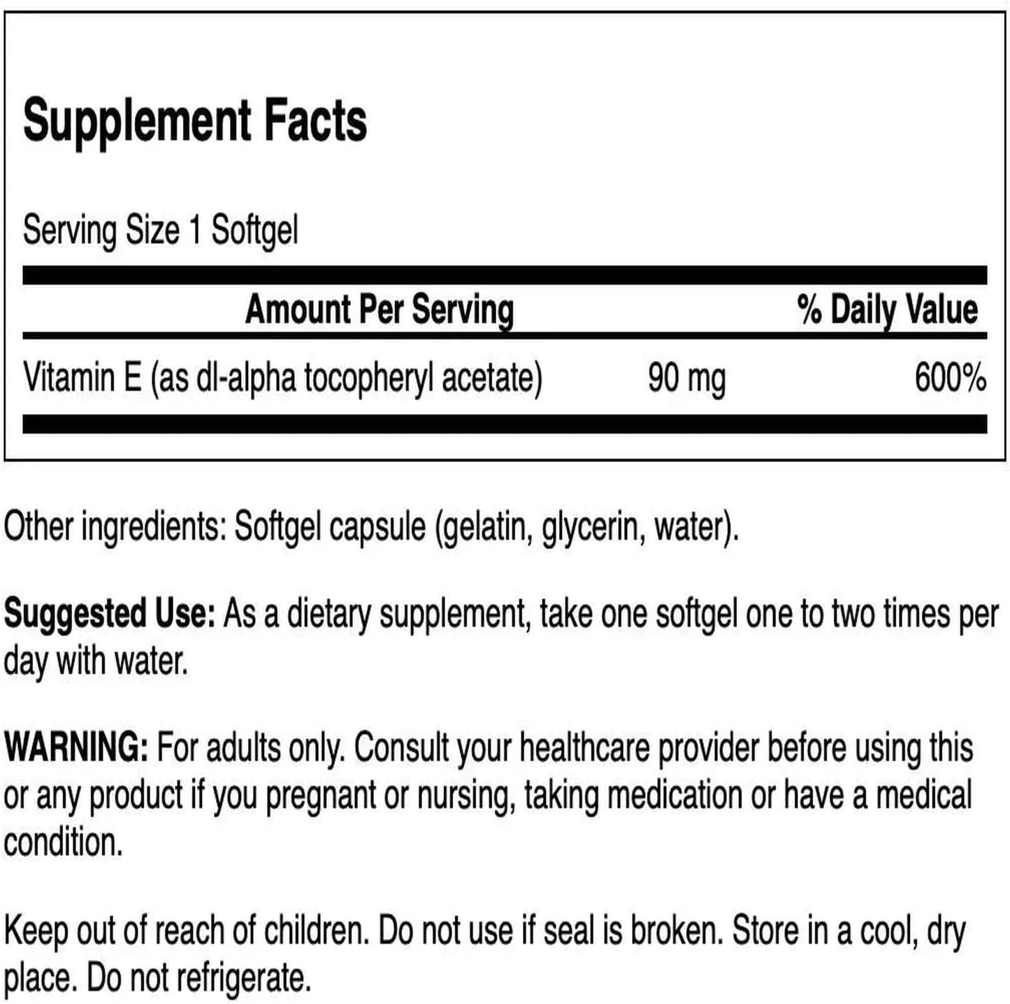 Supplement facts label for Vitamin E capsules with serving size, amount per serving, and usage instructions.