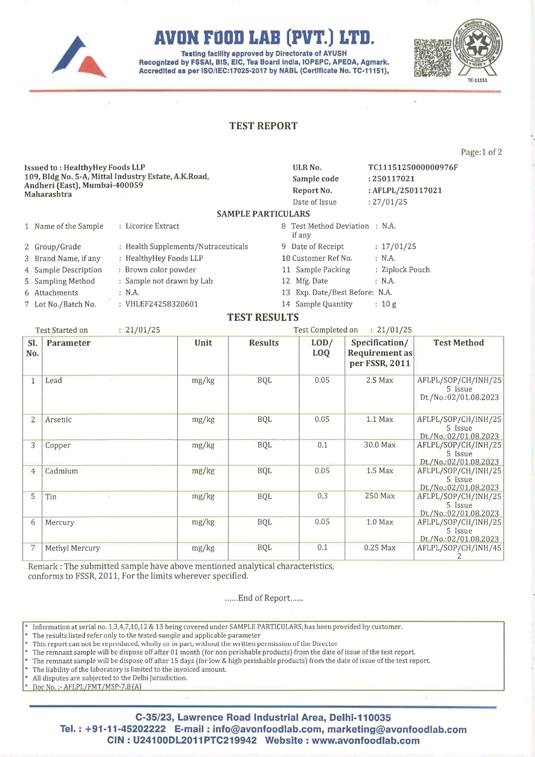 Avon Food Lab test report with various parameters and results.