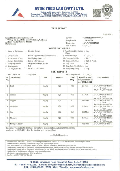 Avon Food Lab test report with various parameters and results.