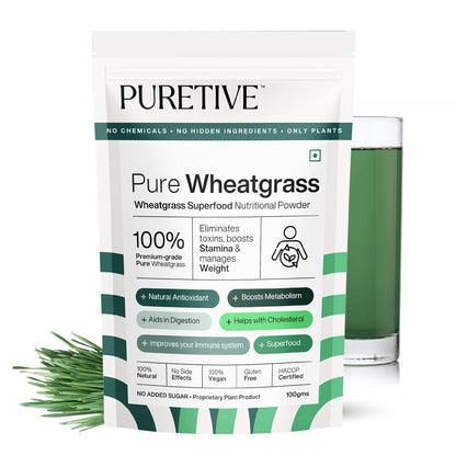 Puretive Pure Wheatgrass packaging with a glass of green liquid on a white background
