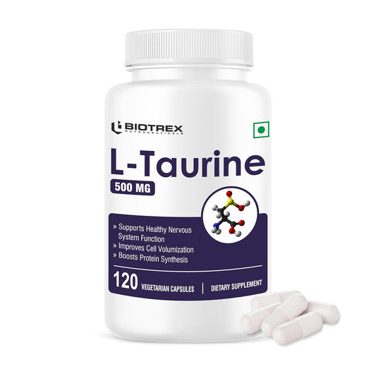 Biotrex Nutraceuticals L-Taurine 500mg Supplement, Energy, Heart, Brain & Eye Health Support, Cardiovascular system, 120 Vegetarian Capsules