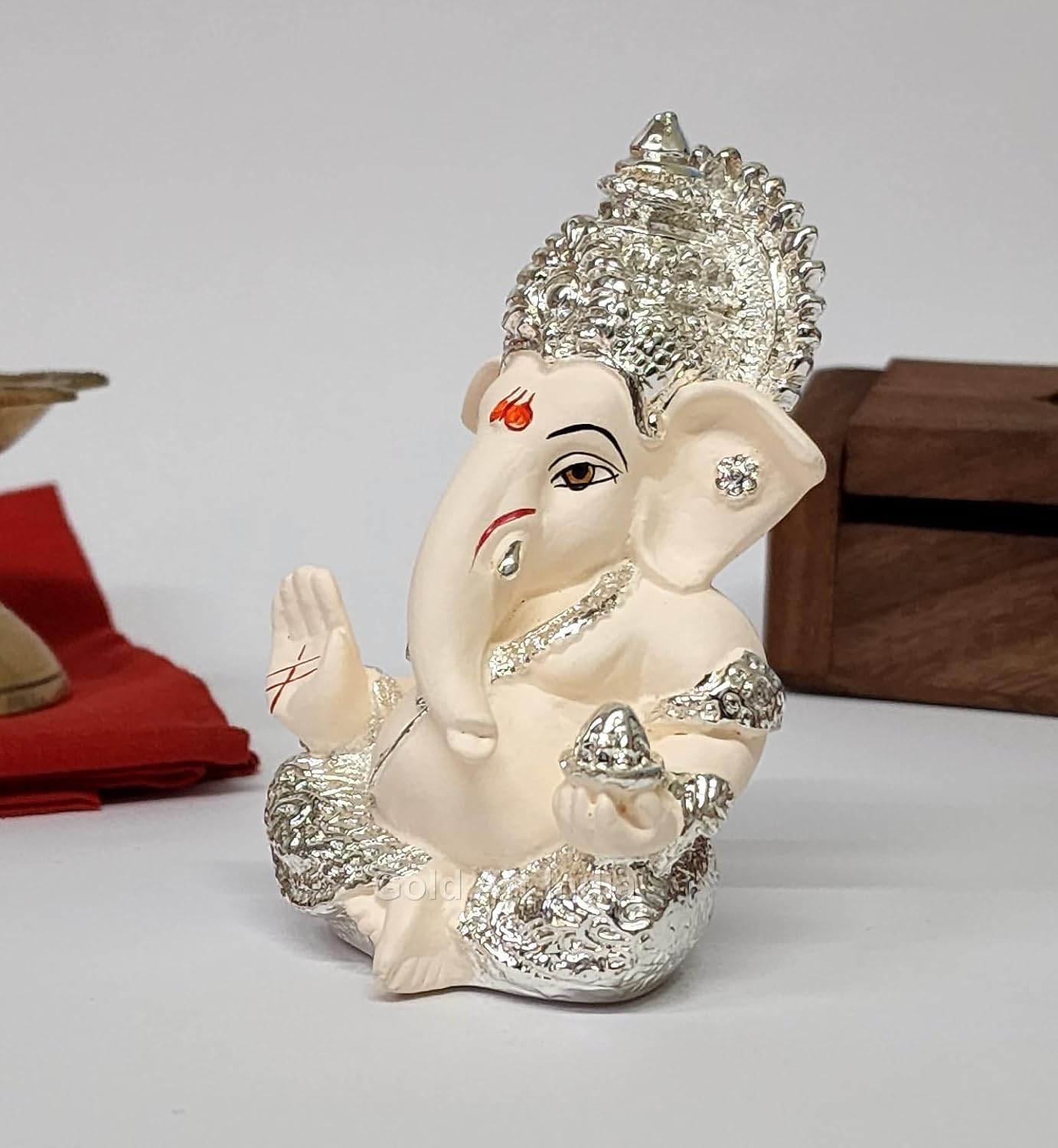 Gold Art India 999 Silver Plated Ganesh Idol for Car Dashboard God Ganesha Idol for Home Decor Ganpati for Gift Home Office Table Shelves Gifting 3.5 inches (Silver) (Silver Cherry Blossom), Idol