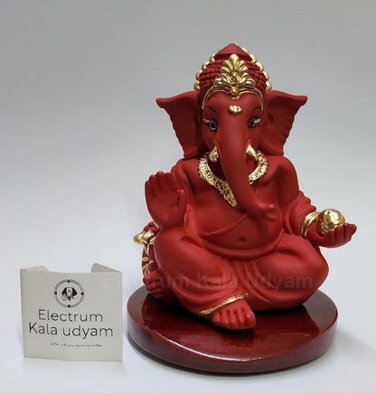 Handcrafted Poly Resin Ganesha Statue with Base - Perfect for Car Dashboard, Office Desk, Shelves, and Home Decor - Ideal Housewarming Gift! (GaddiRedwithbase)