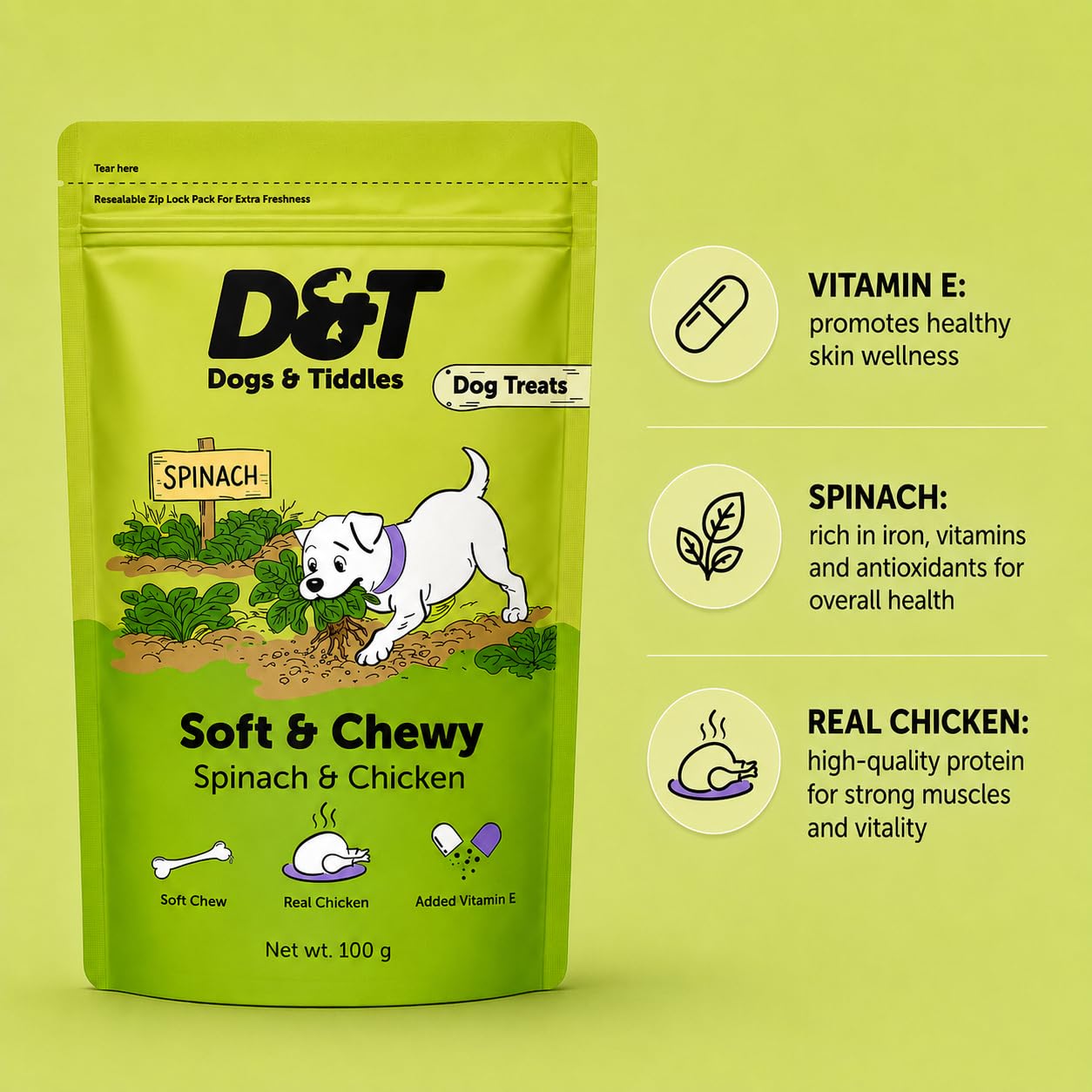 Dogs & Tiddles Spinach & Real Chicken Dog Treats for Puppies & Adult Dogs, 100g | Soft & Chewy Puppy Treats | Easily Digestible and Healthy| Tasty Training Treats and Dog Snacks