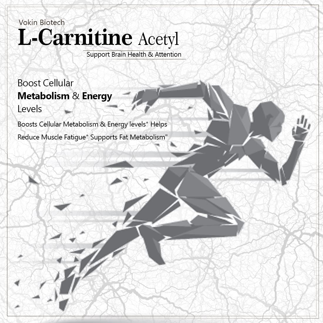 Advertisement for Vokin Biotech L-Carnitine Acetyl showing a stylized runner on a map background.