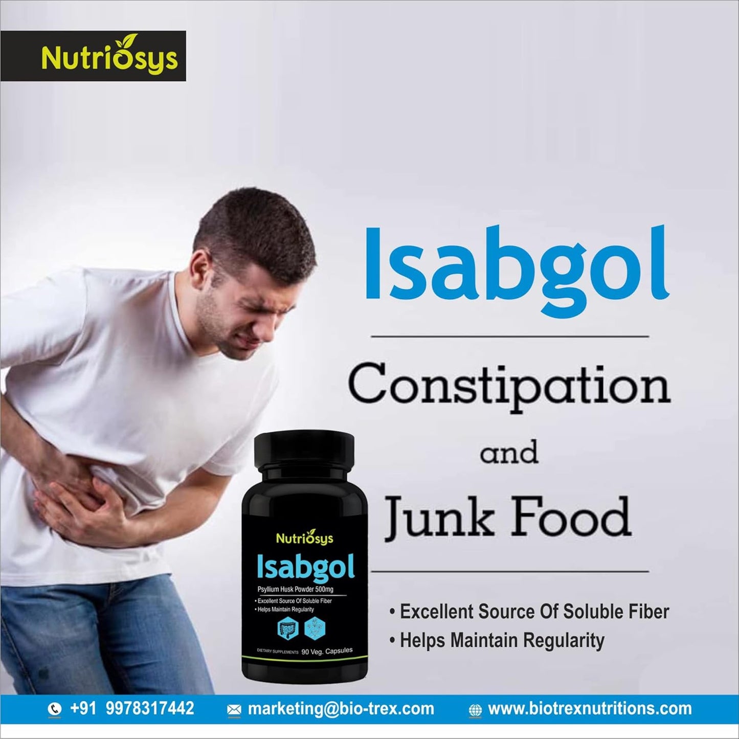 Nutriosys Isabgol 500mg Supplement | Supports Digestive Health | Helps Manage Glucose Levels | Natural Soluble Fiber | From Psyllium Husk | 90 Veg Capsules