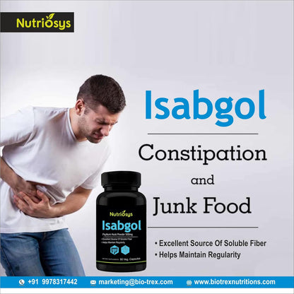 Nutriosys Isabgol 500mg Supplement | Supports Digestive Health | Helps Manage Glucose Levels | Natural Soluble Fiber | From Psyllium Husk | 90 Veg Capsules