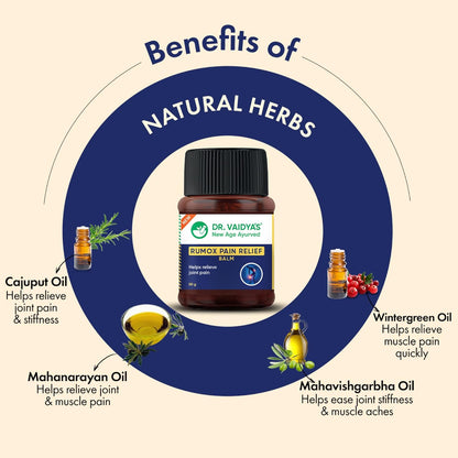 Dr. Vaidya's Rumox Pain Relief Balm | For Head Ache, Body Pain, Joint & Muscle Pain | Mix Of Oils - Mahanarayan, Cajuput, Wintergreen | (50g Each)