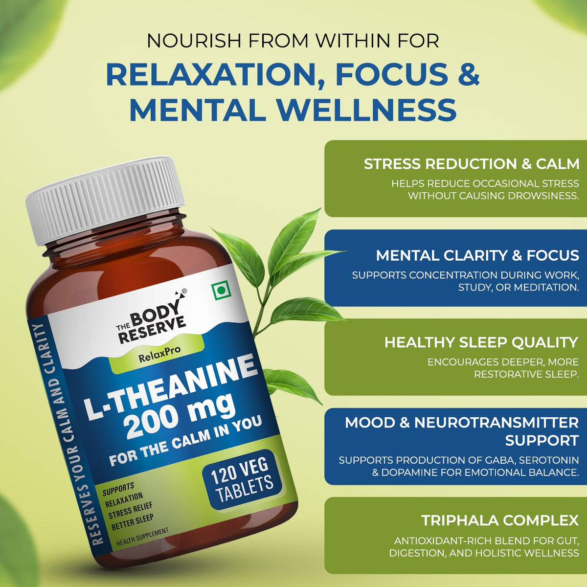 Body Reserve L-Theanine supplement bottle with product details on a green background