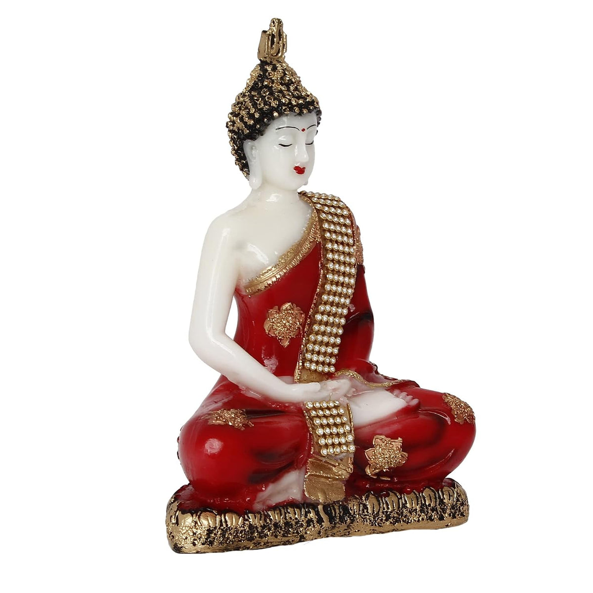 White, Red & Golden Polyresin Handcrafted Meditating Lord Buddha Statue - Perfect For Home And Office Decor - Ideal For Meditation, Yoga Enthusiasts - Thoughtful Gift For Diwali, Birthdays