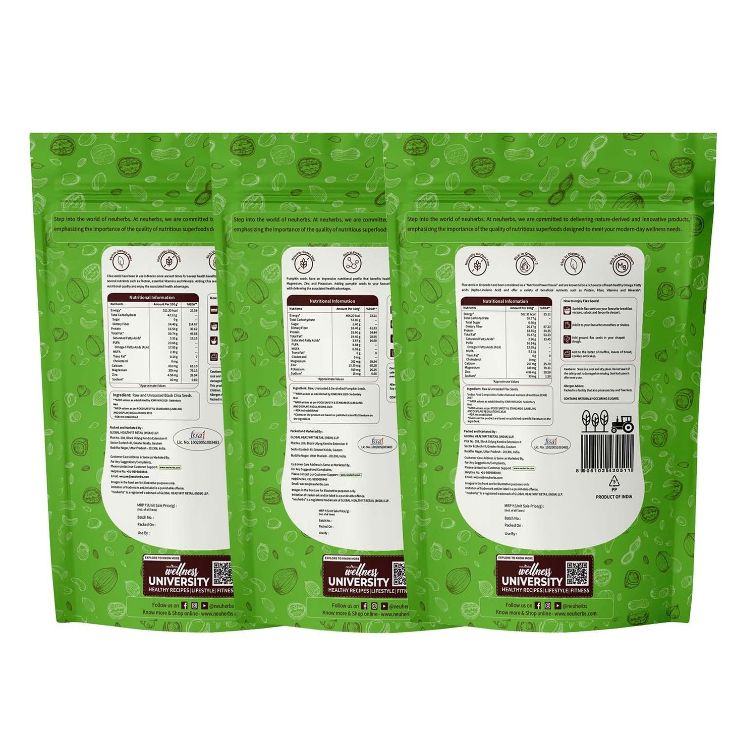 Neuherbs Unroasted Flax, Chia, and Pumpkin Seeds Combo for Improved Bone Health-(Flax seeds 400g + chia seeds 200g + pumpkin seeds 200g)