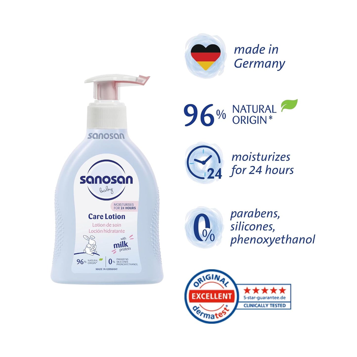 sanosan Baby Care Lotion| Suitable for baby’s delicate skin| with Moisturizes 24 hours parabens|paraffins| silicones & phenoxyethanol| Clinically Tested|200 ml