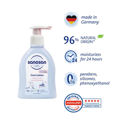 sanosan Baby Care Lotion| Suitable for baby’s delicate skin| with Moisturizes 24 hours parabens|paraffins| silicones & phenoxyethanol| Clinically Tested|200 ml