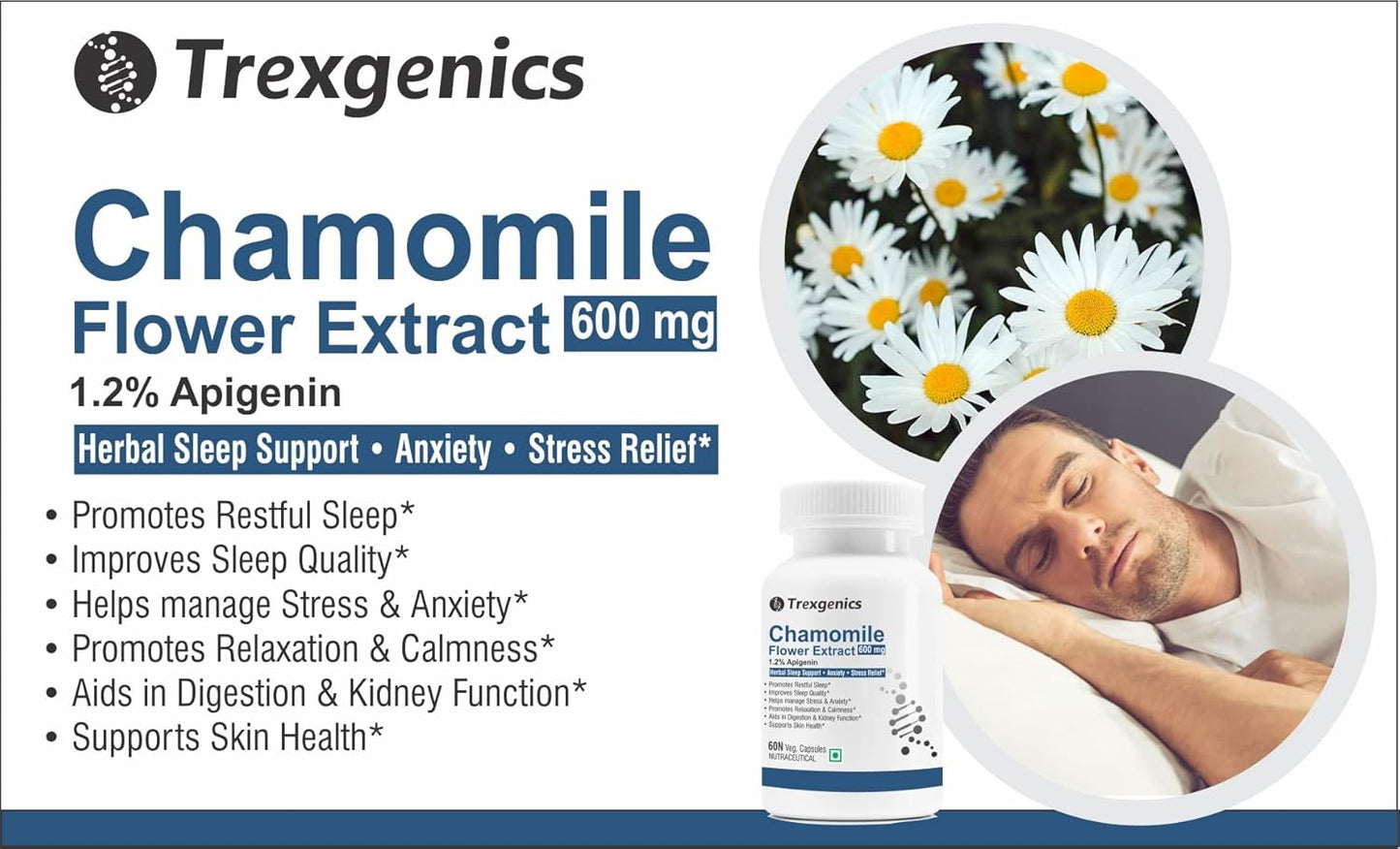 Trexgenics Chamomile Flower Extract supplement packaging with a man sleeping and daisies.