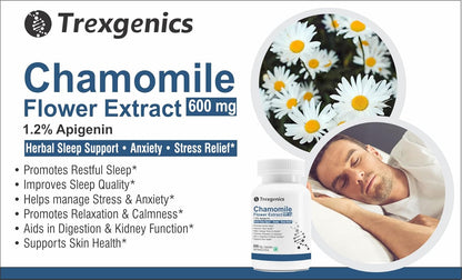 Trexgenics Chamomile Flower Extract supplement packaging with a man sleeping and daisies.