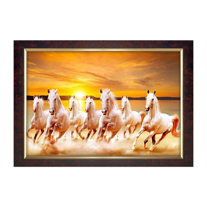 Premium Sparkle Lamination, Seven Horses Vastu Photo Frame, Copper Gold, 14x20 Inch 3096