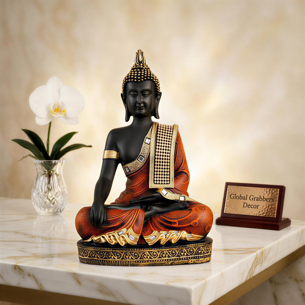 Buddha Idol Statue | Home Decoration Items for Living Room (Orange Black)