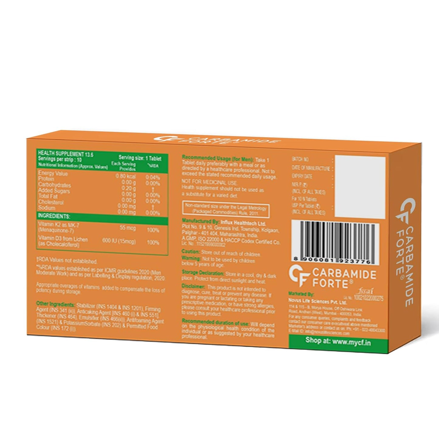 Carbamide Forte Vitamin D3 K2 Supplement | Vitamin K2 MK7 To Support Bone & Heart Health | Veg D3 - Lichen - 10 Tablets