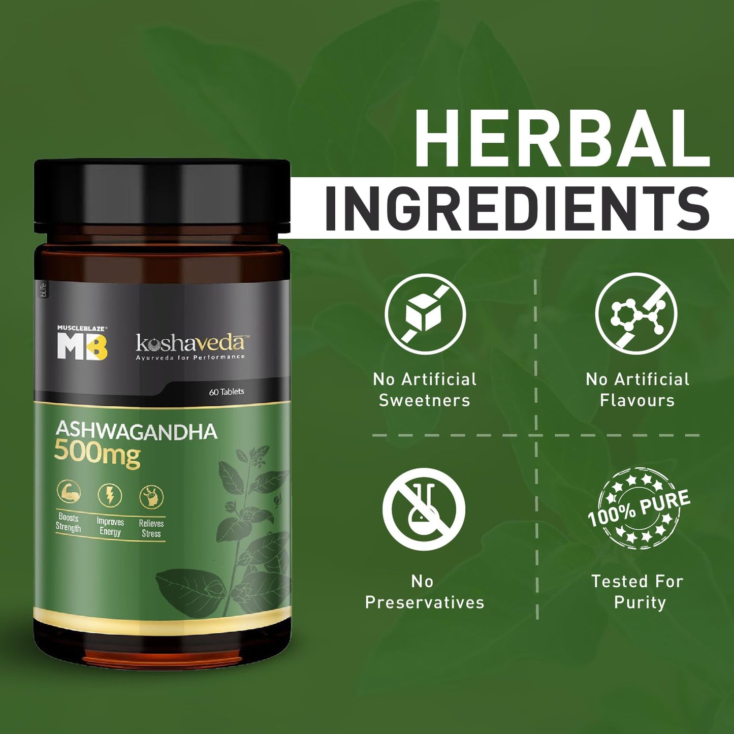 MuscleBlaze Koshaveda Ashwagandha 500mg (60 Tablets) | Ayurveda for Performance, Ayush Approved, High Strength Potent Formula | Boost Muscle Mass & Strength, Enhance Immunity