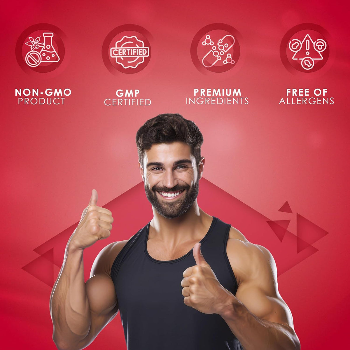 Man giving a thumbs-up with certification icons on a red background