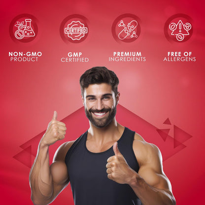 Man giving a thumbs-up with certification icons on a red background