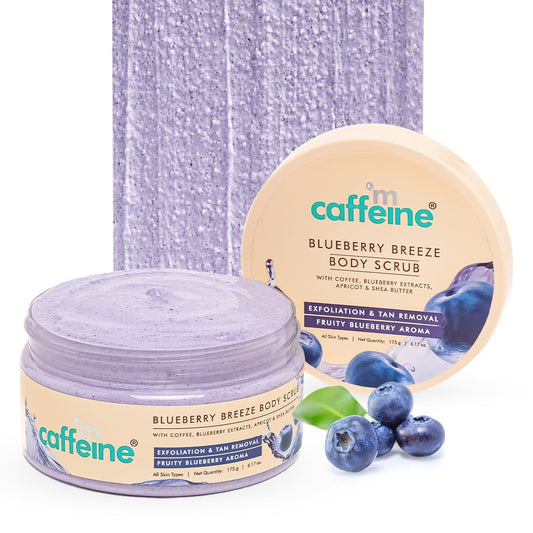 Caffeine Blueberry Breeze body scrub with packaging and blueberries on a white background