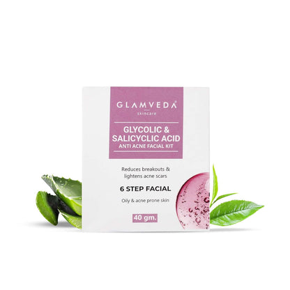 Glamveda Glycolic & 2% ww Salicylic Anti Acne Facial Kit | Pimple Care & Brightening Facial Kit For Women| No Paraben, SLS | 40gm