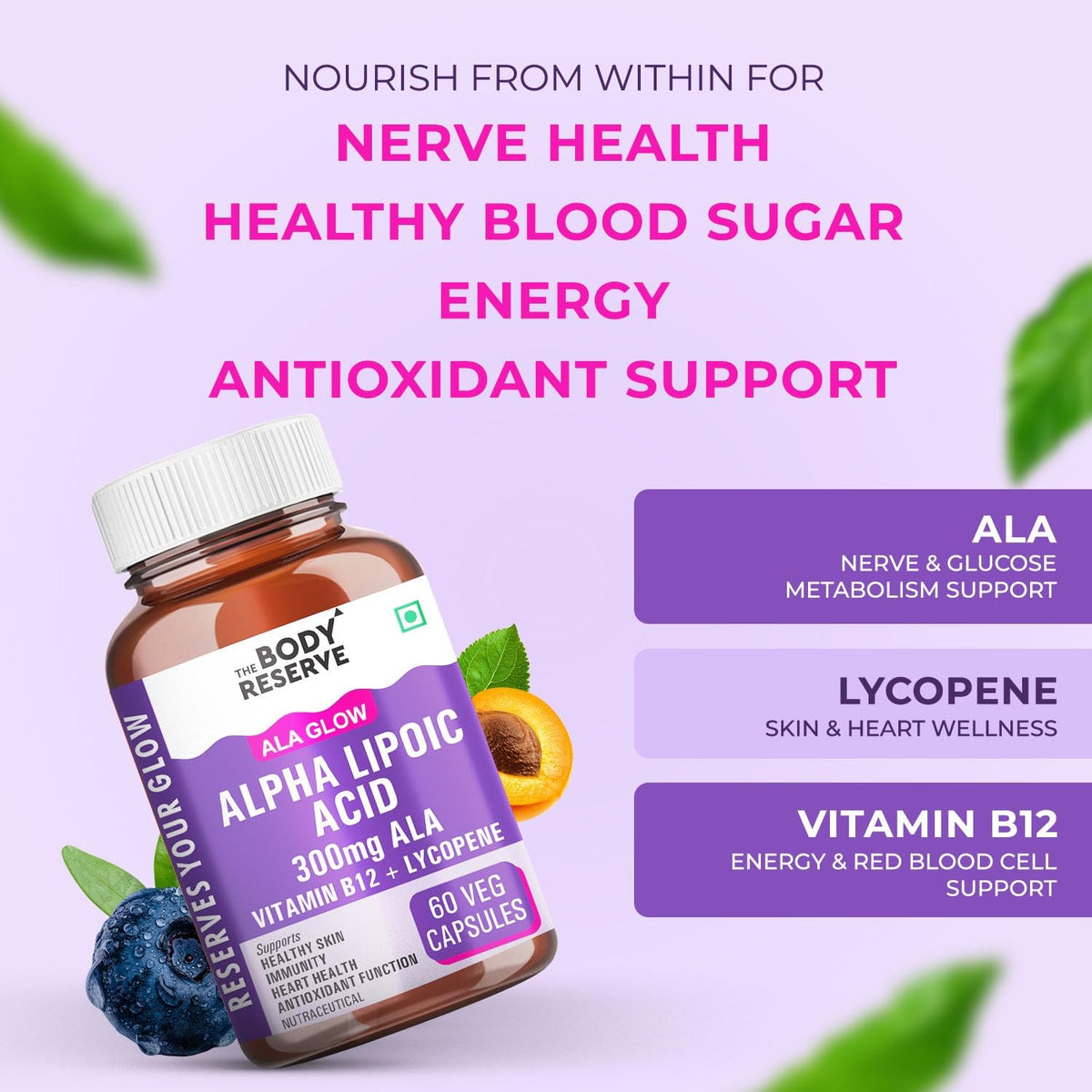 Body Reserve Alpha Lipoic Acid supplement bottle with benefits listed on a purple background