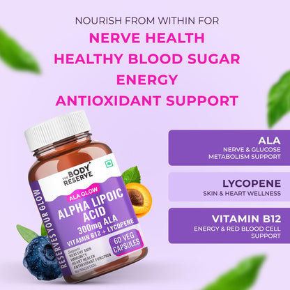 Body Reserve Alpha Lipoic Acid supplement bottle with benefits listed on a purple background
