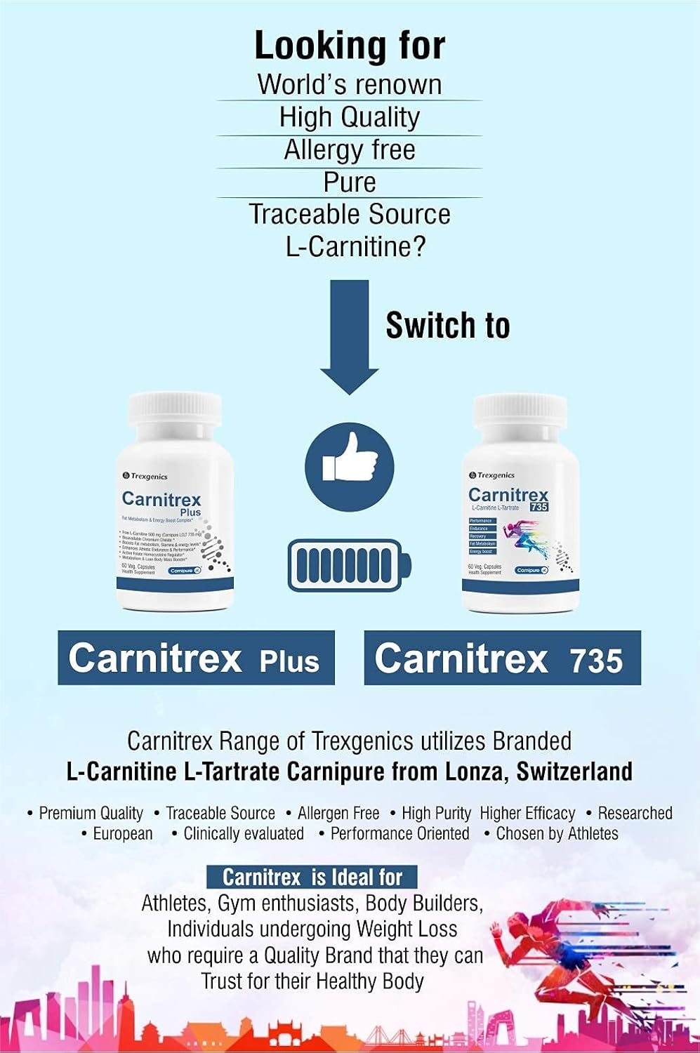 Trexgenics® CARNITREX PLUS -CARNIPURE (Lonza, Switzerland) L-Carnitine L-Tartrate 735mg,Chromium Picolinate 208 mcg and Active folate 200 mcg - Synergistic Fat Metabolism, Energy, Endurance & Performance Boost Advanced formula (60 Veg. Capsules) pack of 1