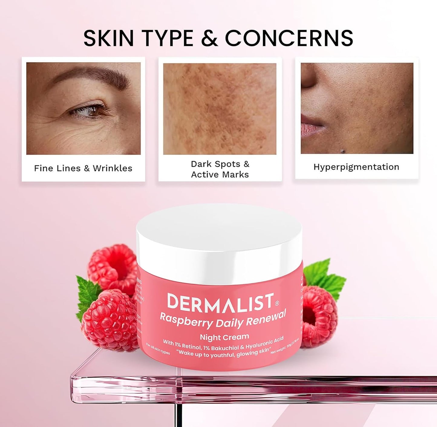 Dermalist Raspberry Daily Renewal Night Cream with skin concerns icons on a pink background