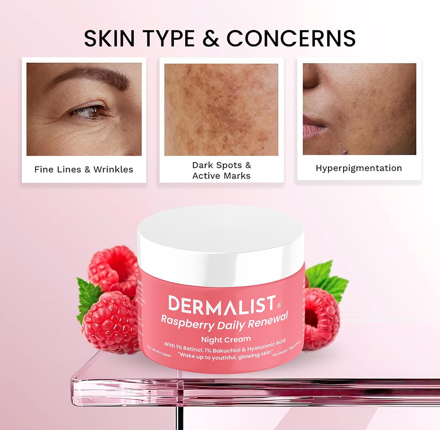 Dermalist Raspberry Daily Renewal Night Cream with skin concerns icons on a pink background
