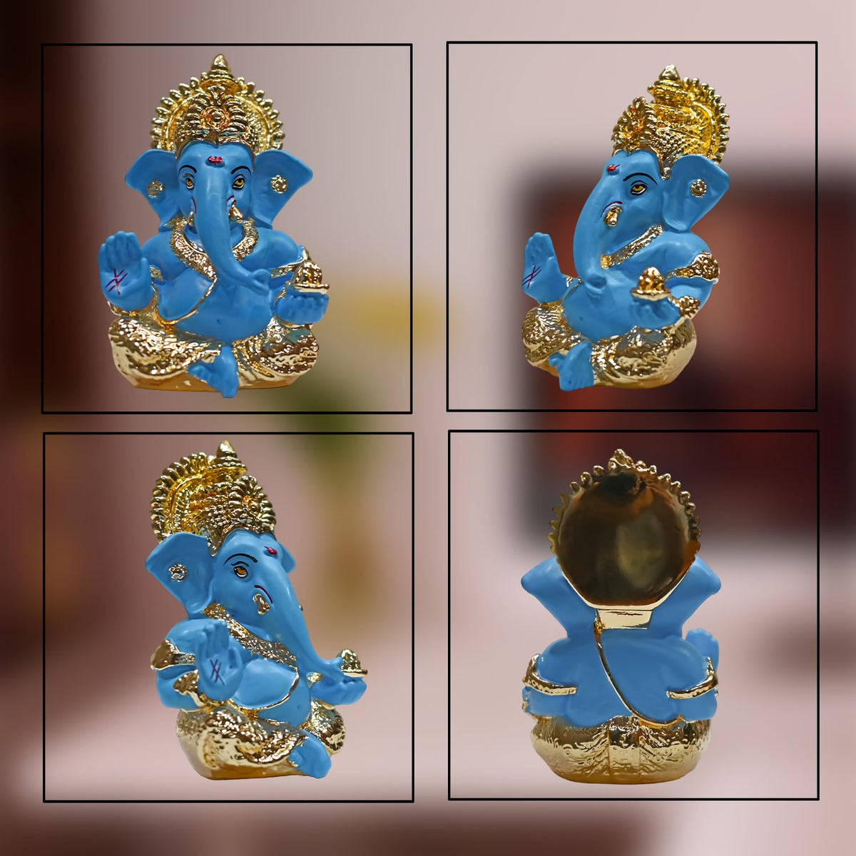 Gold Plated Lord Ganesha Idol for Home Decor Puja, Office & Home Shelves, Diwali Puja, and Gifting |Ganpati Murti Sculpture & Religious 3.5 Inches (8.89 x 5.08 cm) (Mukut Gold Blue)