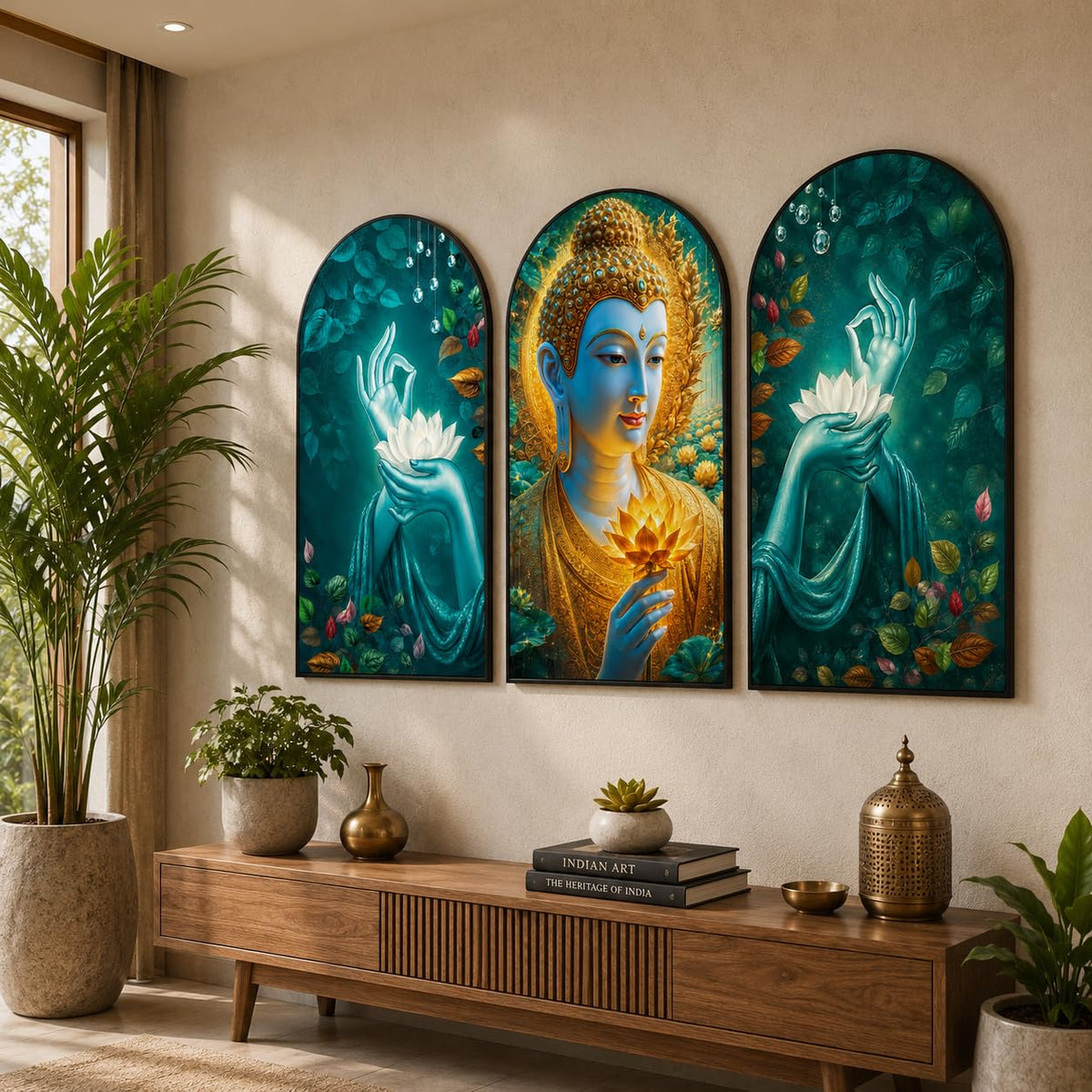 Set of 3 Arched Blue Buddha & Golden Lotus Wall Paintings