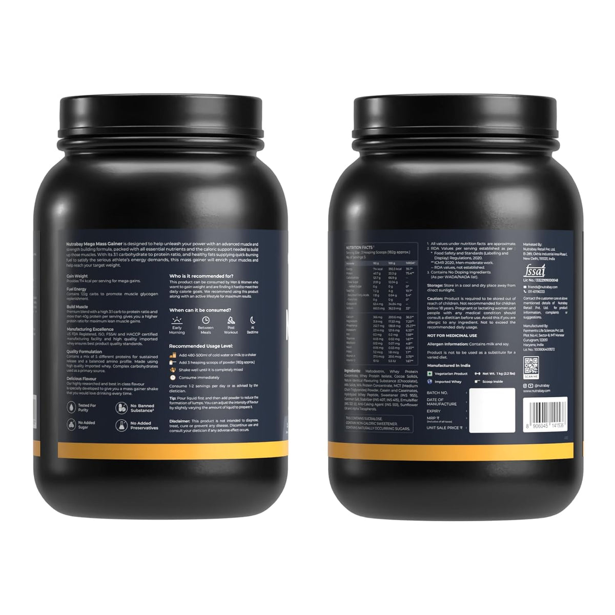 Two black supplement containers with labels on a white background