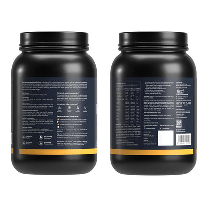 Two black supplement containers with labels on a white background