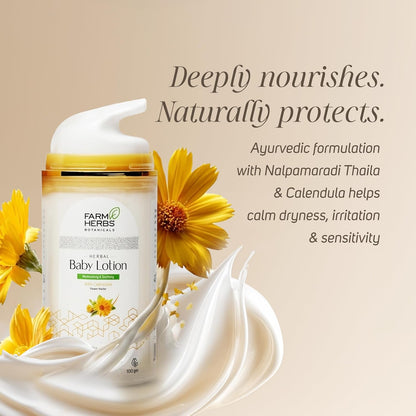 Farmherbs 100% Herbal All Natural Gentle Baby Lotion - Moisturizing and Soothing, pH-Balanced, Non-greasy and Fast absorbing, Based on Nalpamaradi Thaila, Botanical Hyaluronic Acid, Vitamin E, Aloe Vera 100% Safe lotion for Newborn Baby - 100g