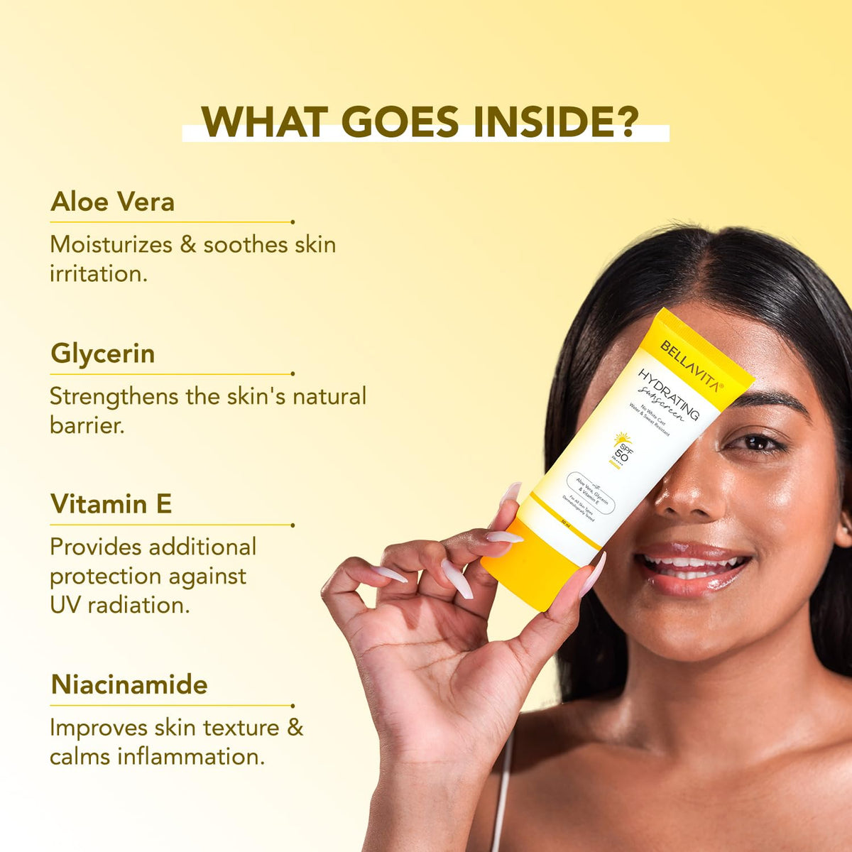 Woman holding a tube of Belhaven Hydrating Cream with ingredients listed on a yellow background