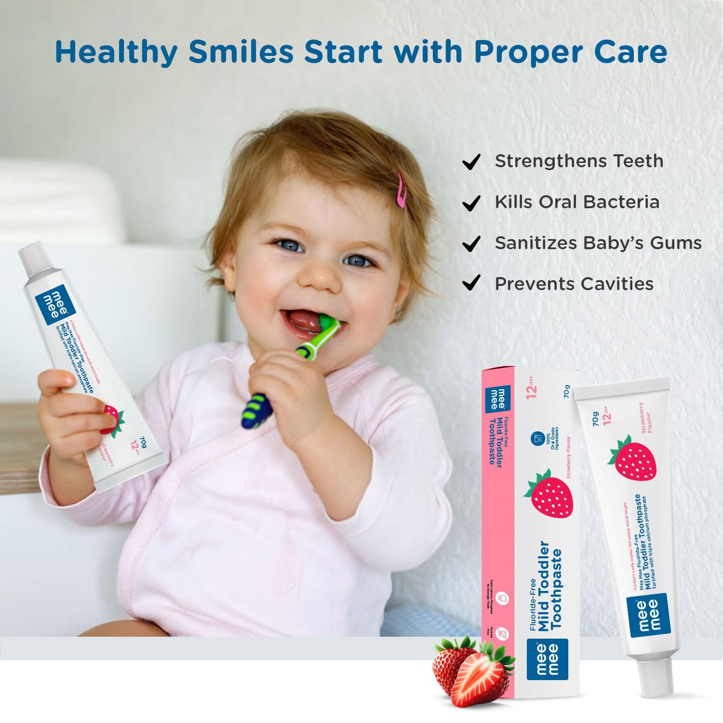 Mee Mee Fluoride Free Baby Toothpaste for Kids & Toddlers | Safe to Swallow Training Toothpaste | Strawberry Flavor | Cavity Protection | Gentle Oral Care | 70g