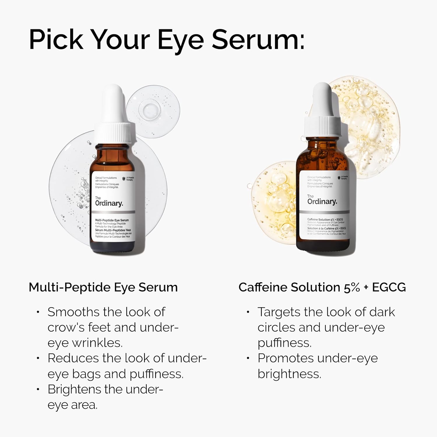 Two bottles of The Ordinary eye serums with product descriptions on a white background.