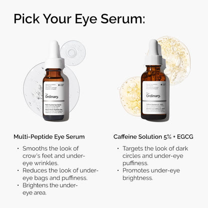 Two bottles of The Ordinary eye serums with product descriptions on a white background.