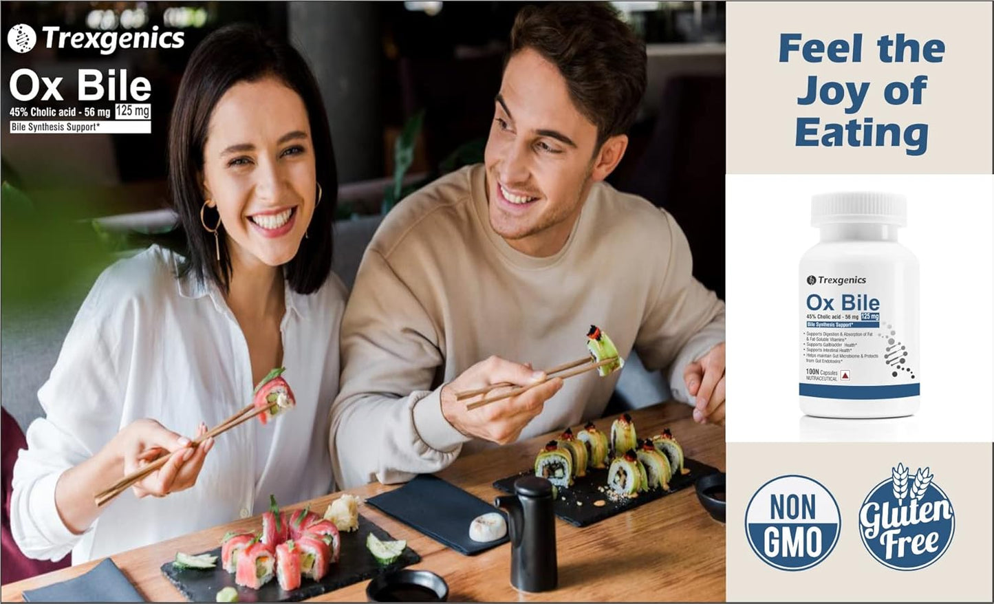 Trexgenics BILE EXTRACT 125 mg 45% CHOLIC ACID Bile Synthesis Support (100 Capsules) (Pack of 1).