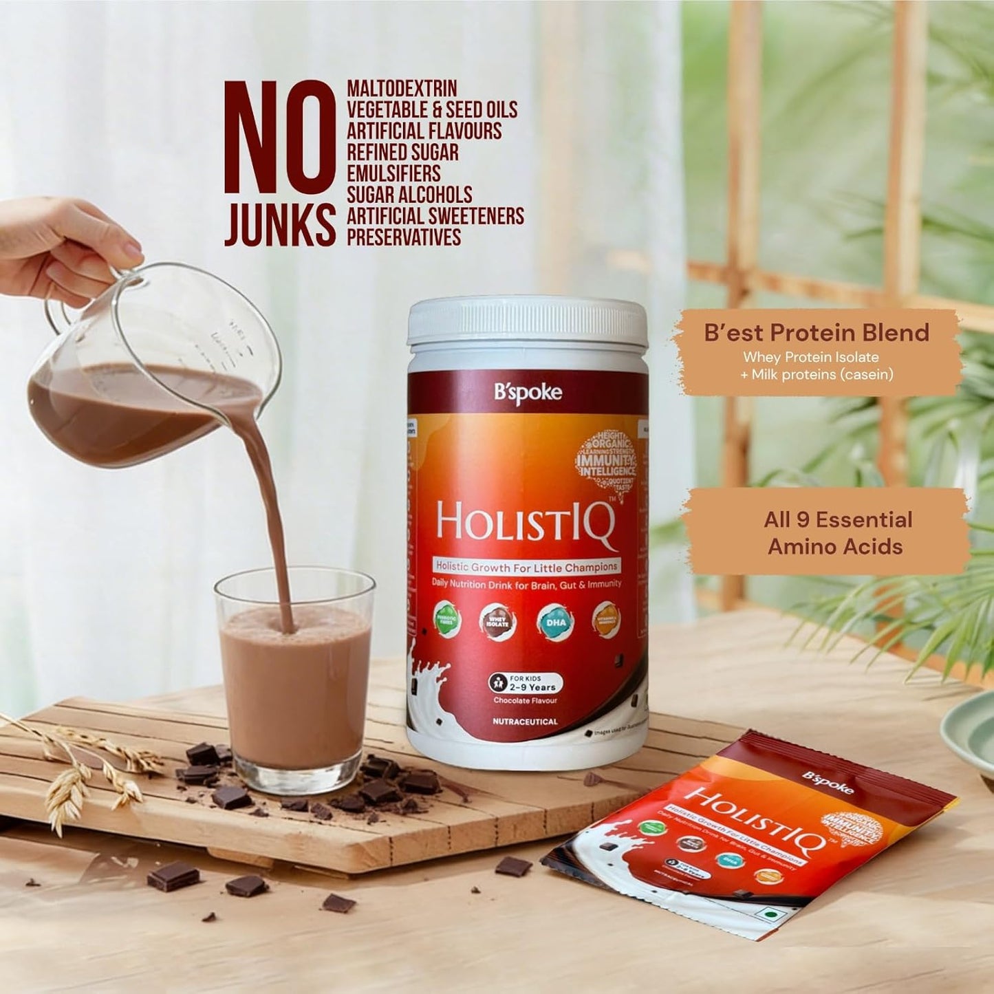 HolistIQ Chocolate Nutrition Drink for Kids (2–9 Years) | Whey Protein Isolate & Milk Protein Blend with 9 Essential Amino Acids | No Refined Sugar, No Fillers, No Emulsifiers | 400 g