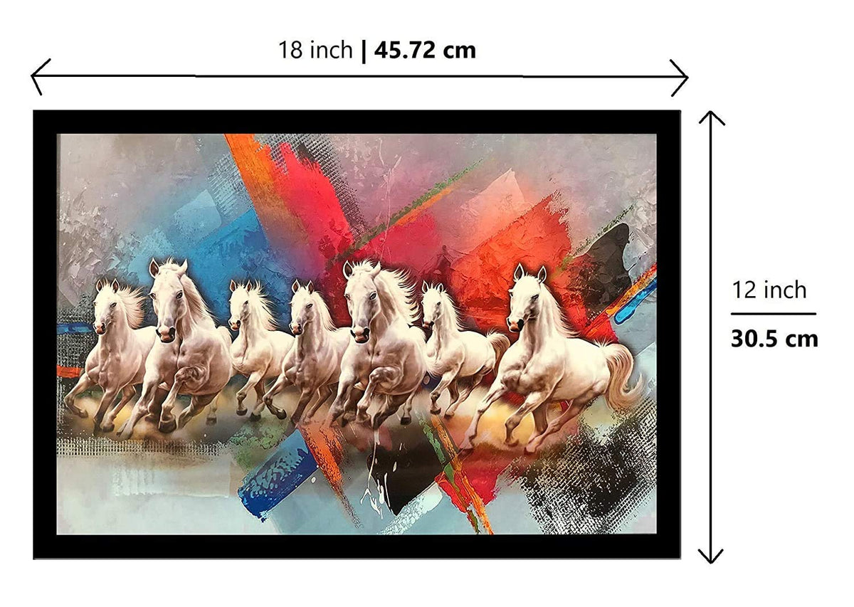 Wood Seven Lucky Running Vastu Horses Art Framed Painting Ready to hang - (White, 12inch x 18 inch)