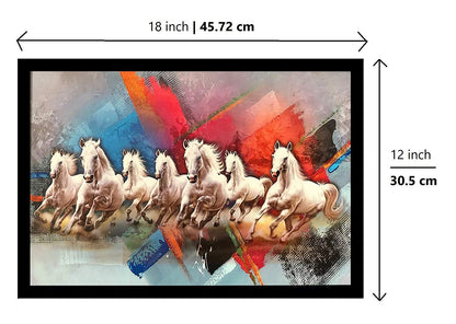 Wood Seven Lucky Running Vastu Horses Art Framed Painting Ready to hang - (White, 12inch x 18 inch)