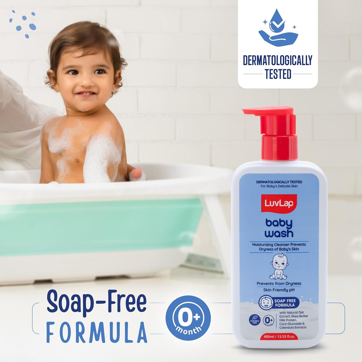 LuvLap Baby Wash - 400ml, with Milk Protein, Oatmeal, Shea Butter and Vitamin E, Soap Free, Baby Wash for Baby Bath, Natural, pH Balanced & Paraben Free, Dermatologically Tested