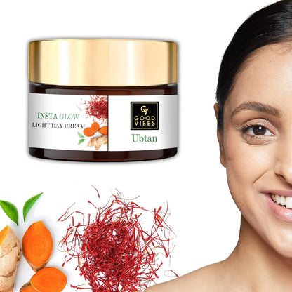 Good Vibes Ubtan Insta Glow Light Day Cream, 50 g | Brightening Nourishing Hydrating Face Moisturizer For All Skin Types | With Turmeric, Saffron, Vitamin B3 | No Parabens, Sulphates & Mineral Oil